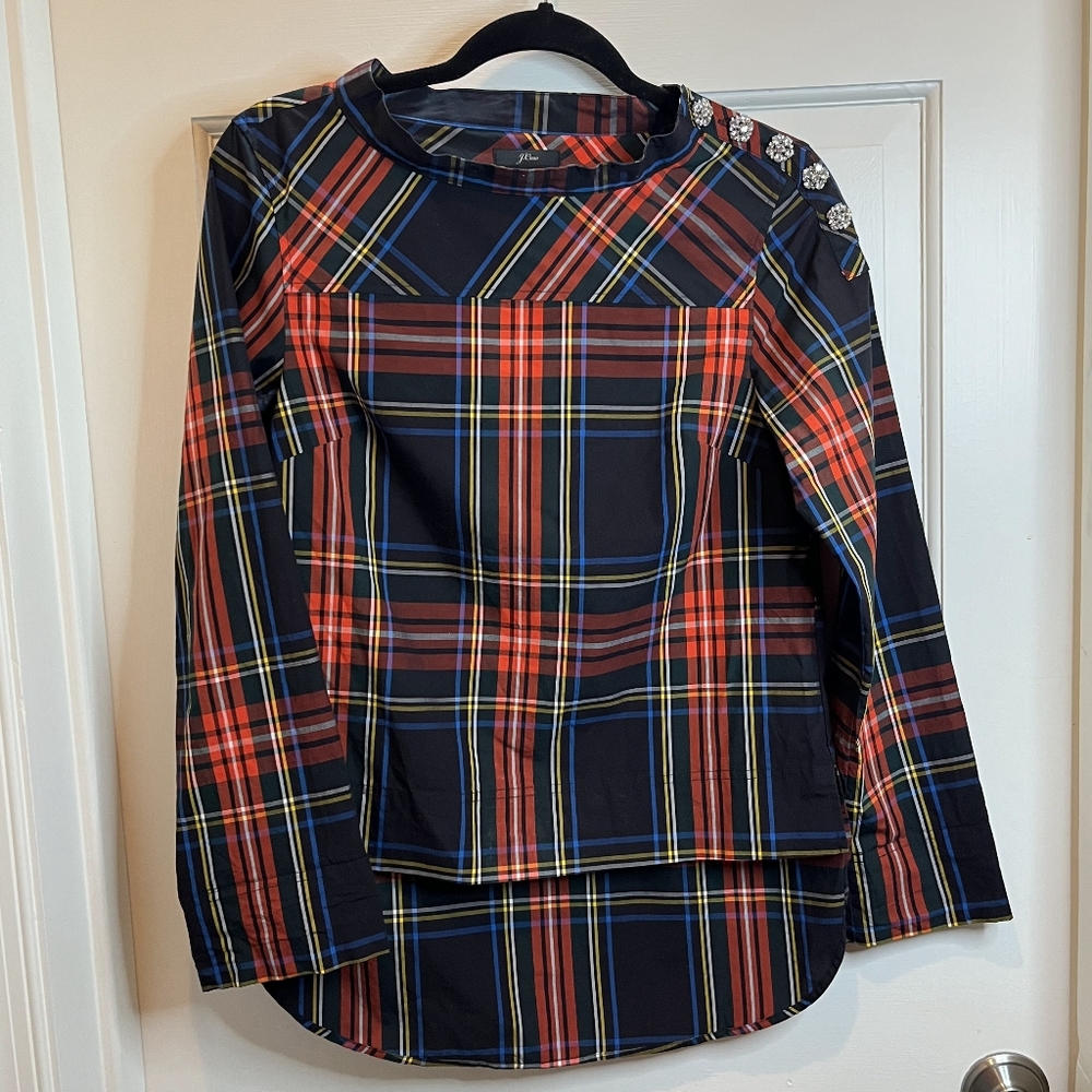 J.Crew High/Low Plaid Top with Rhinestones at Shoulder Size 00
